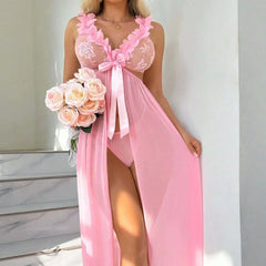 2 Piece Western Sheer See Through Split Slit Sling Strap Skirt Underwear G String Thong Maxi Dress Lingerie Set
