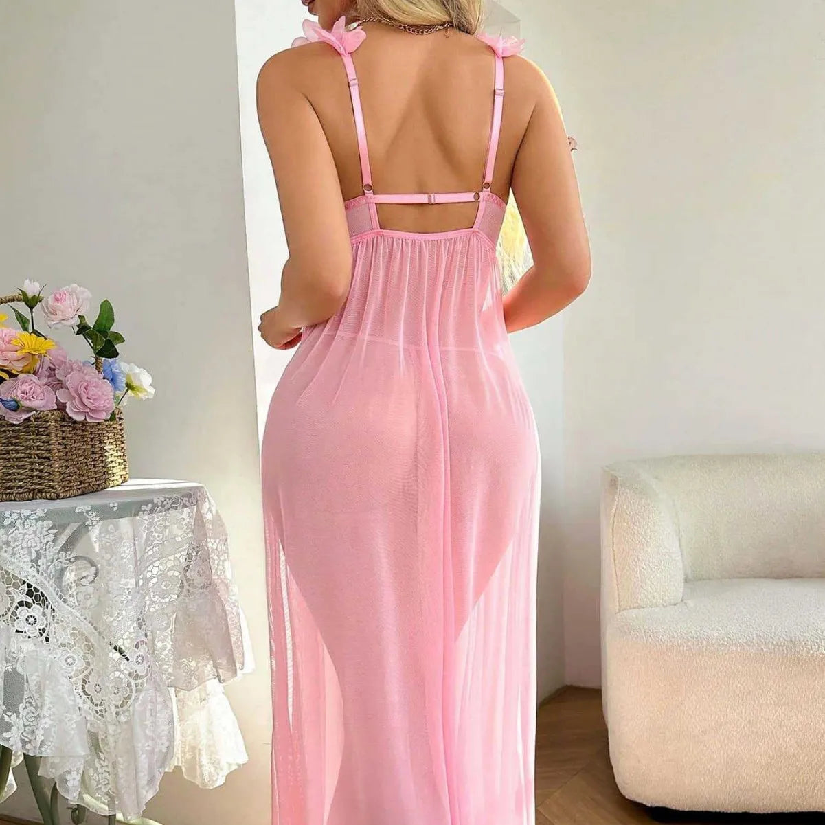 2 Piece Western Sheer See Through Split Slit Sling Strap Skirt Underwear G String Thong Maxi Dress Lingerie Set