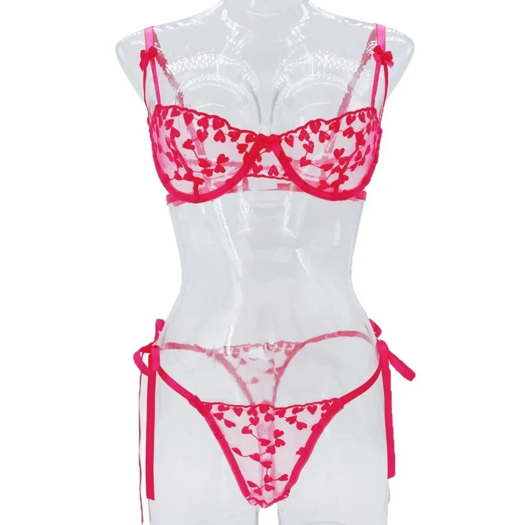 2 Piece Western Style Romantic Heart Erotic See Through Bras With Adjustable Straps Lace Mesh Trendy Lingerie Set