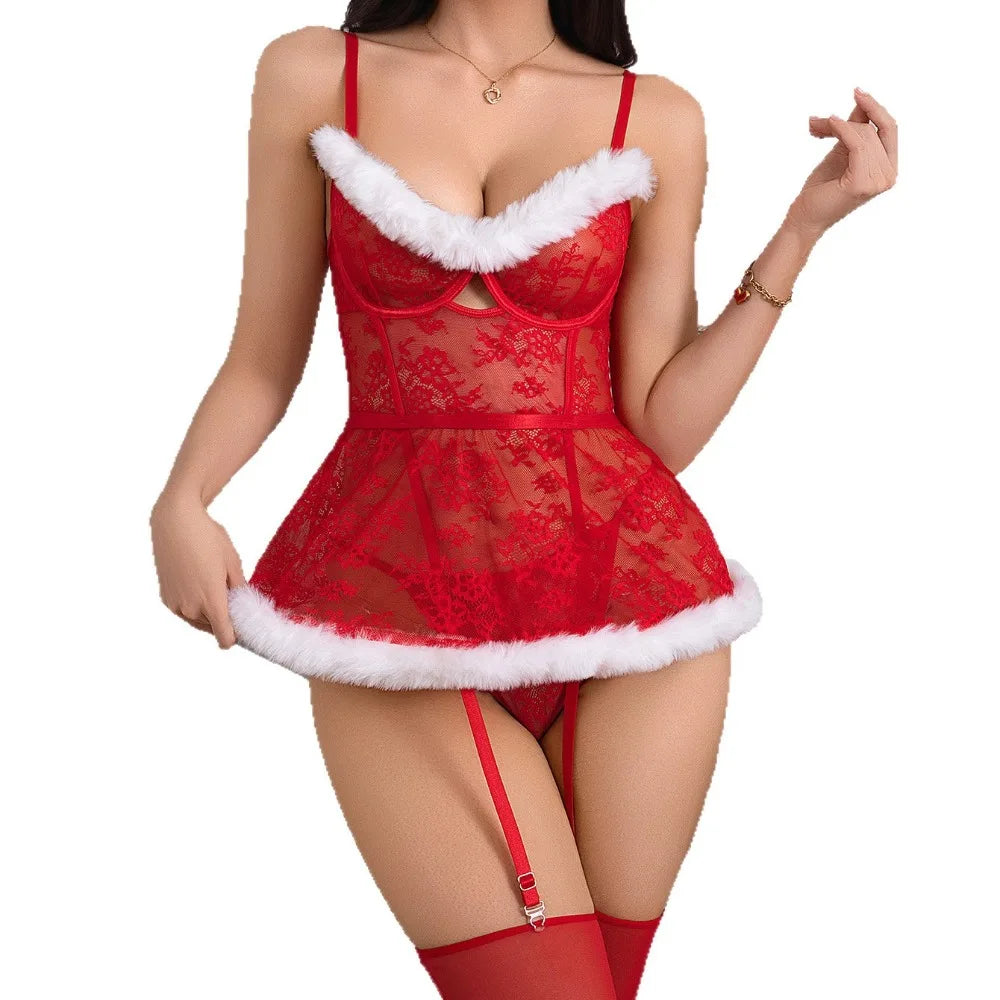 2 Piece Westerns Festival Holiday Red Lace Backless Sling Sheer See Through Underwear Christmas Uniform Lingerie Set