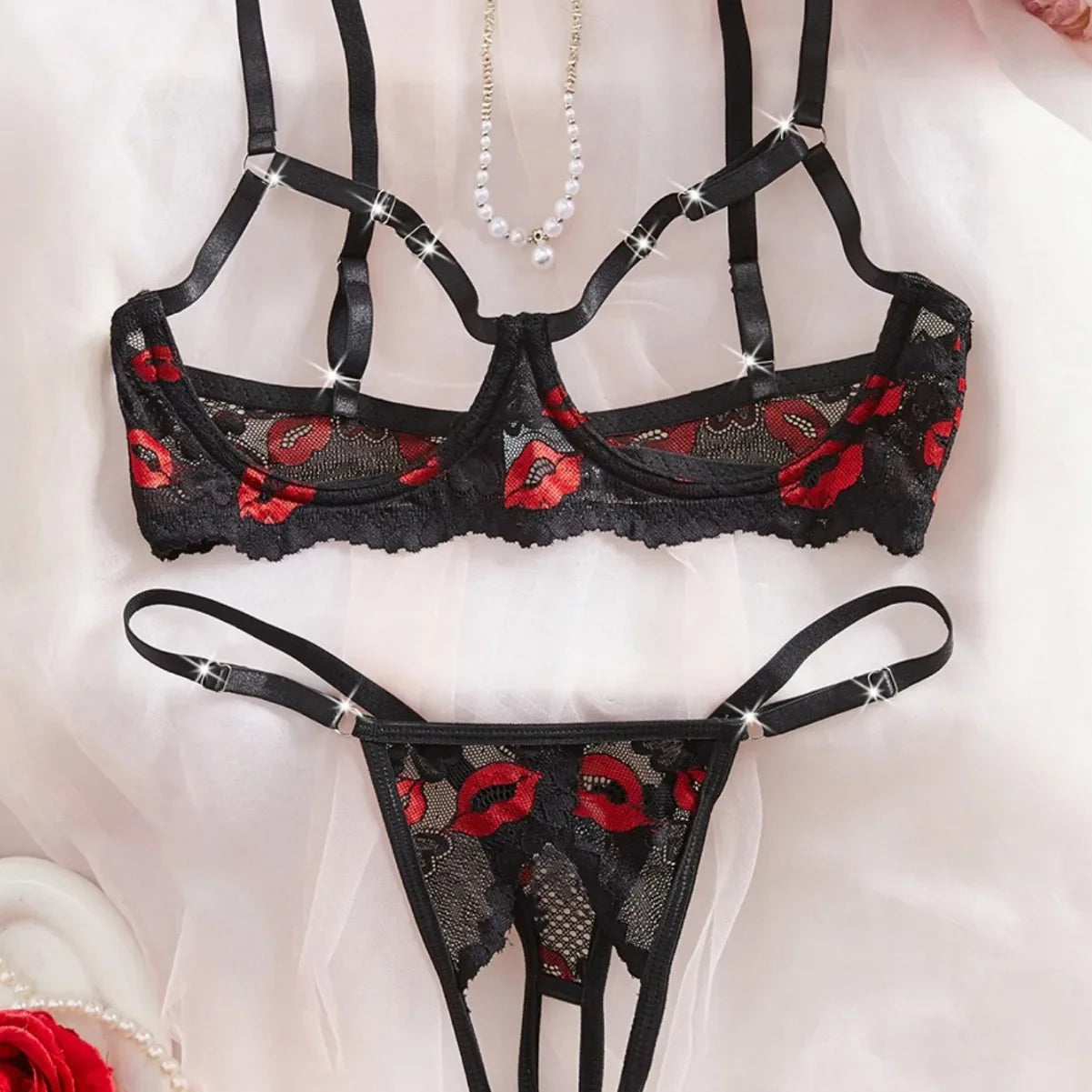 2 Pieces Erotic Crotchless Lips Hollow Out Bra Panties Seductive Underwears Lingerie Set