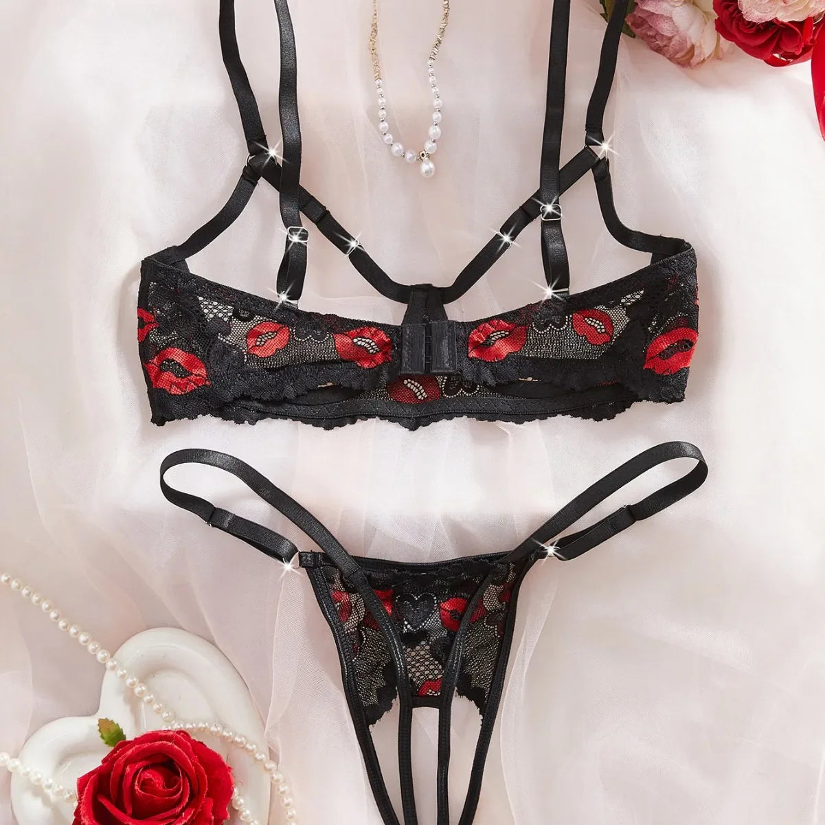 2 Pieces Erotic Crotchless Lips Hollow Out Bra Panties Seductive Underwears Lingerie Set