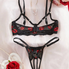 2 Pieces Erotic Crotchless Lips Hollow Out Bra Panties Seductive Underwears Lingerie Set