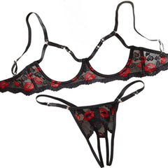 2 Pieces Erotic Crotchless Lips Hollow Out Bra Panties Seductive Underwears Lingerie Set