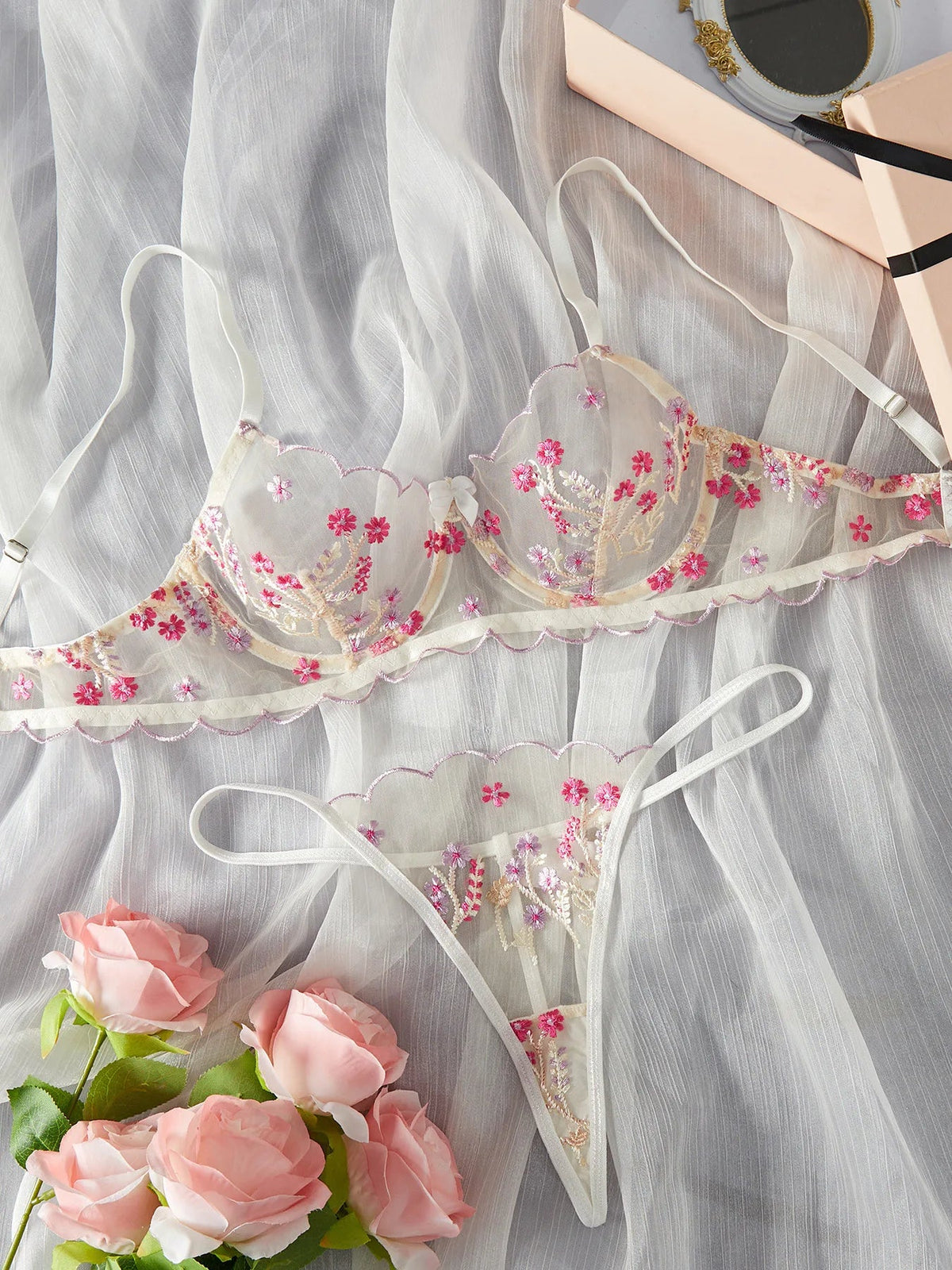 2 Pieces Erotic Pure See Through Mesh Bra Thong Flirting Clothings Erotic Pure See Through Lingerie Set