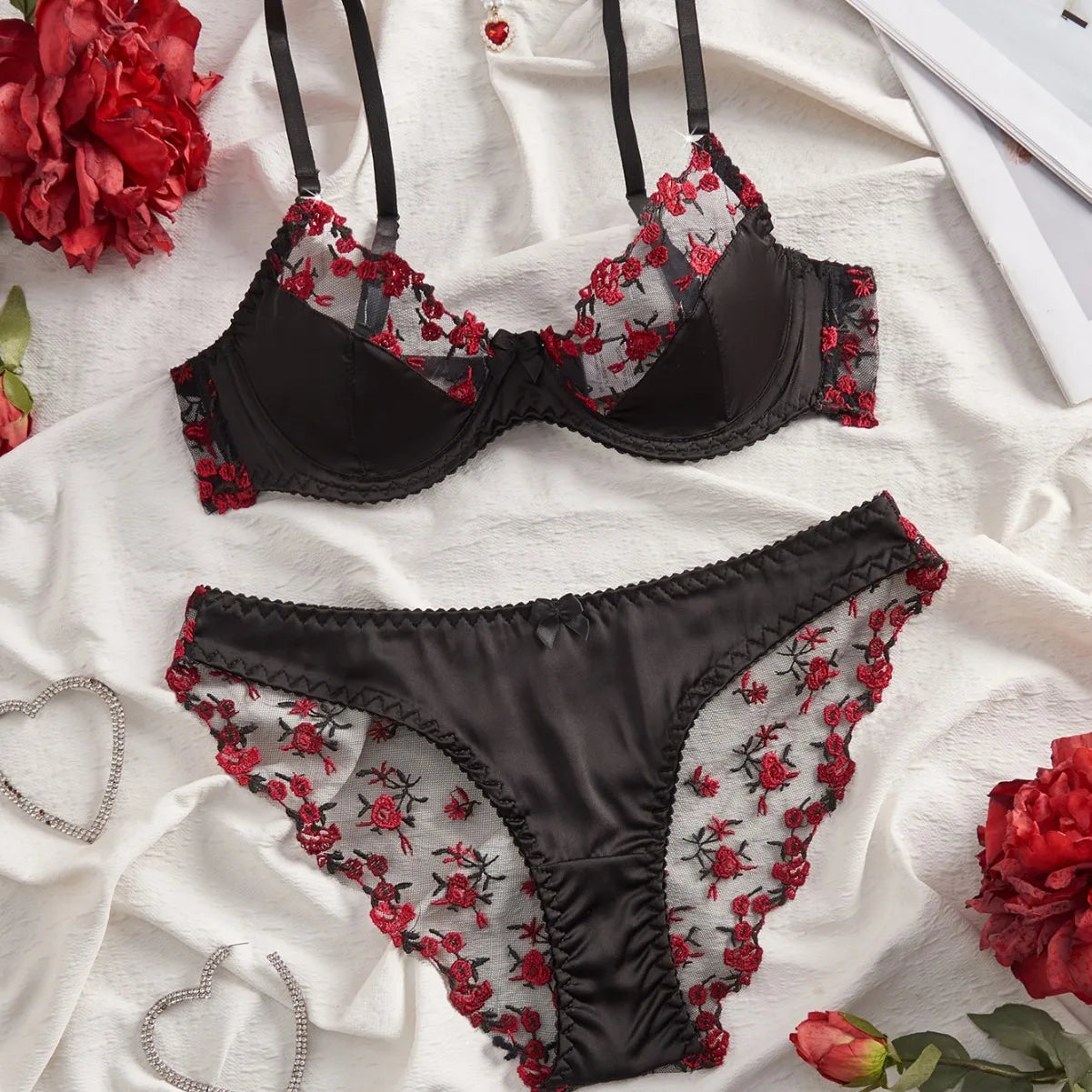 2 Pieces Erotic Western Style Rose Embroidery Mesh Sensual Push Up Bra See Through Briefs Charming Lingerie Set