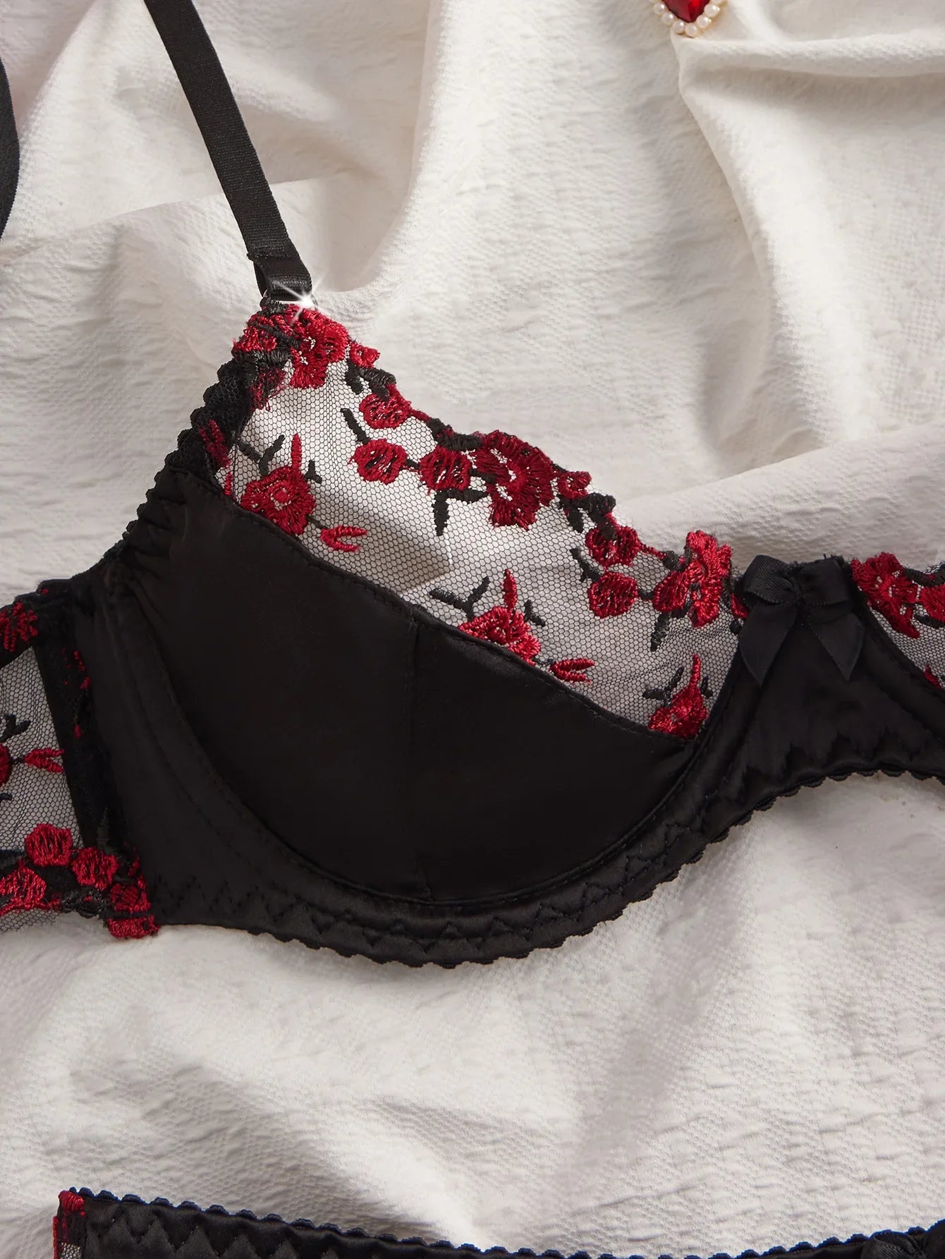 2 Pieces Erotic Western Style Rose Embroidery Mesh Sensual Push Up Bra See Through Briefs Charming Lingerie Set