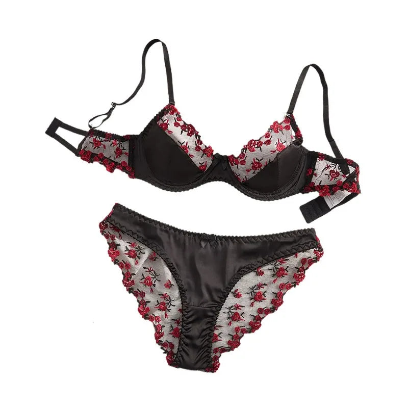 2 Pieces Erotic Western Style Rose Embroidery Mesh Sensual Push Up Bra See Through Briefs Charming Lingerie Set