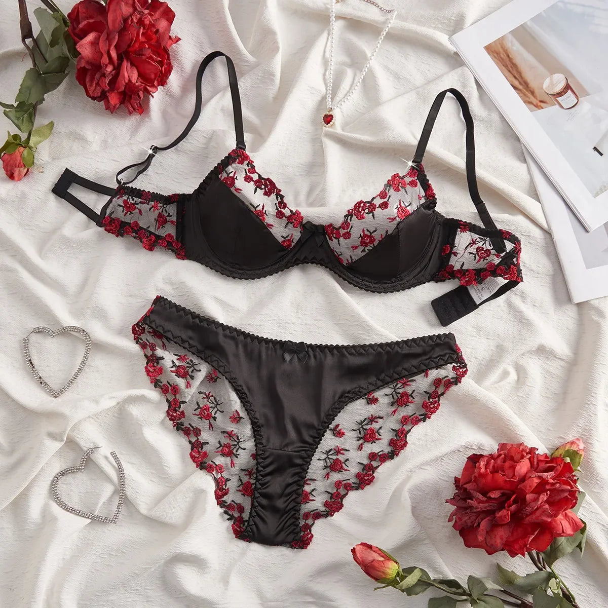 2 Pieces Erotic Western Style Rose Embroidery Mesh Sensual Push Up Bra See Through Briefs Charming Lingerie Set