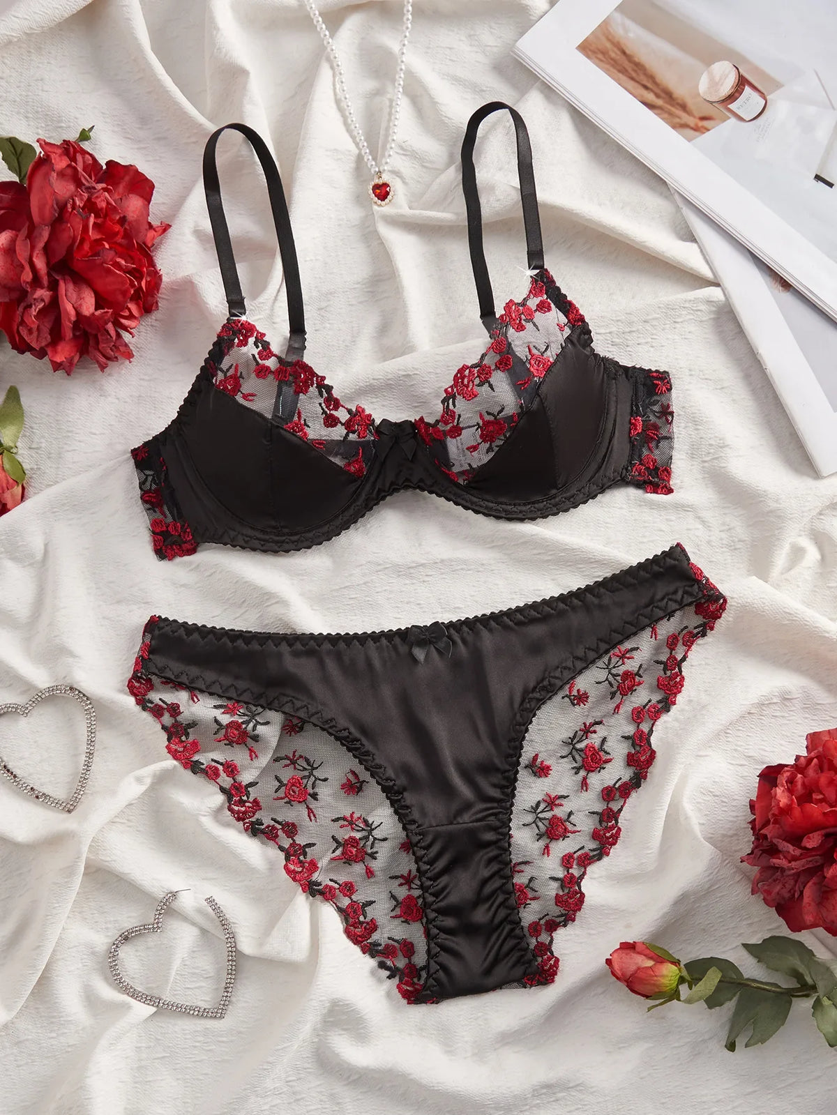 2 Pieces Erotic Western Style Rose Embroidery Mesh Sensual Push Up Bra See Through Briefs Charming Lingerie Set