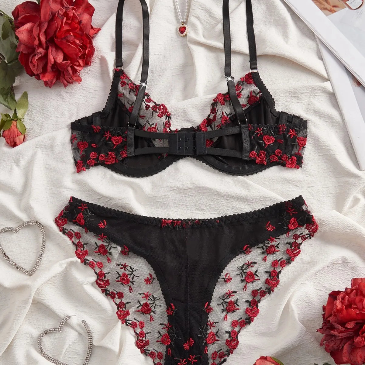 2 Pieces Erotic Western Style Rose Embroidery Mesh Sensual Push Up Bra See Through Briefs Charming Lingerie Set