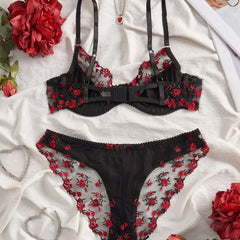 2 Pieces Erotic Western Style Rose Embroidery Mesh Sensual Push Up Bra See Through Briefs Charming Lingerie Set