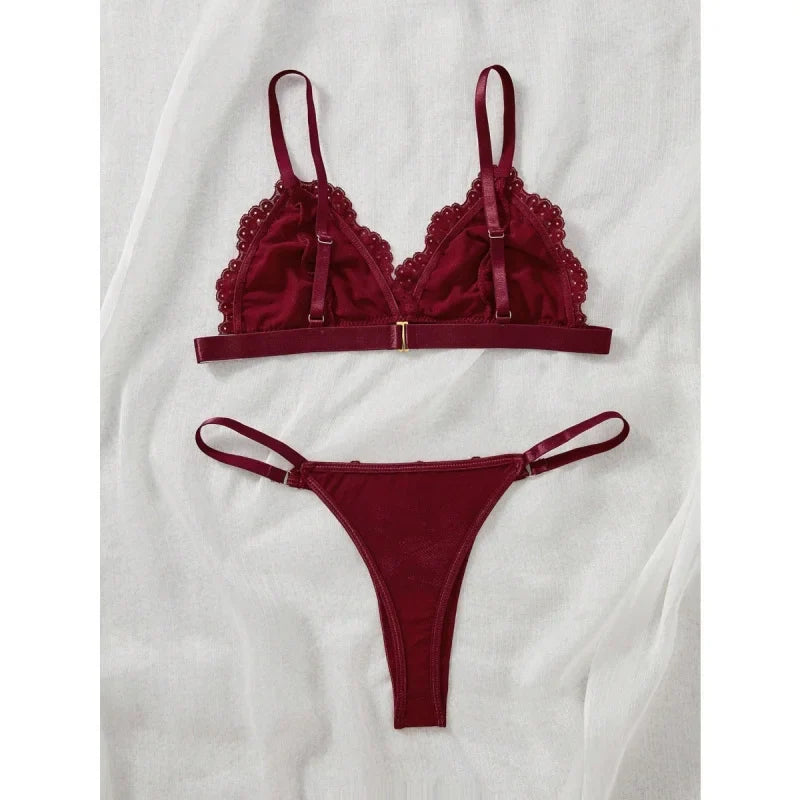 2 Pieces French Wine Red Laces Thin Breathable Wireless Thong