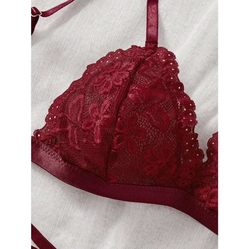 2 Pieces French Wine Red Laces Thin Breathable Wireless Thong