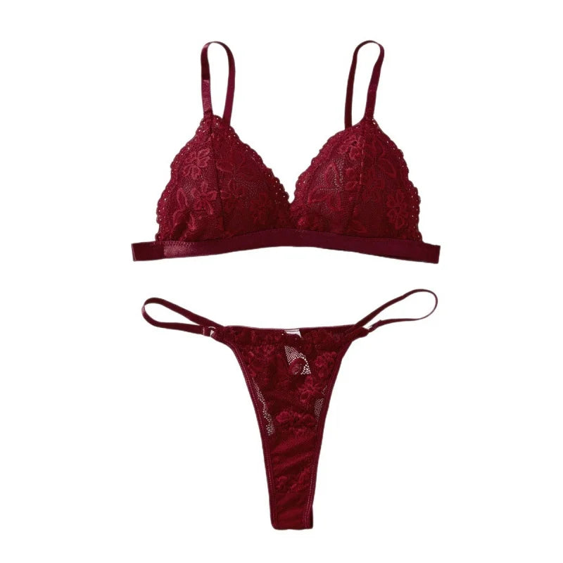 2 Pieces French Wine Red Laces Thin Breathable Wireless Thong