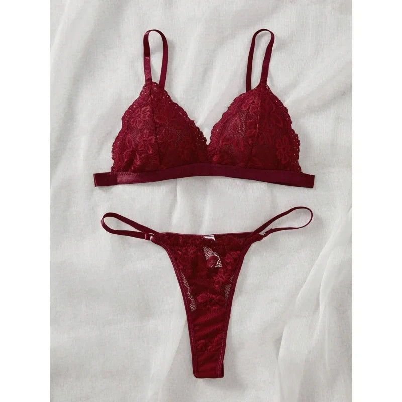 2 Pieces French Wine Red Laces Thin Breathable Wireless Thong