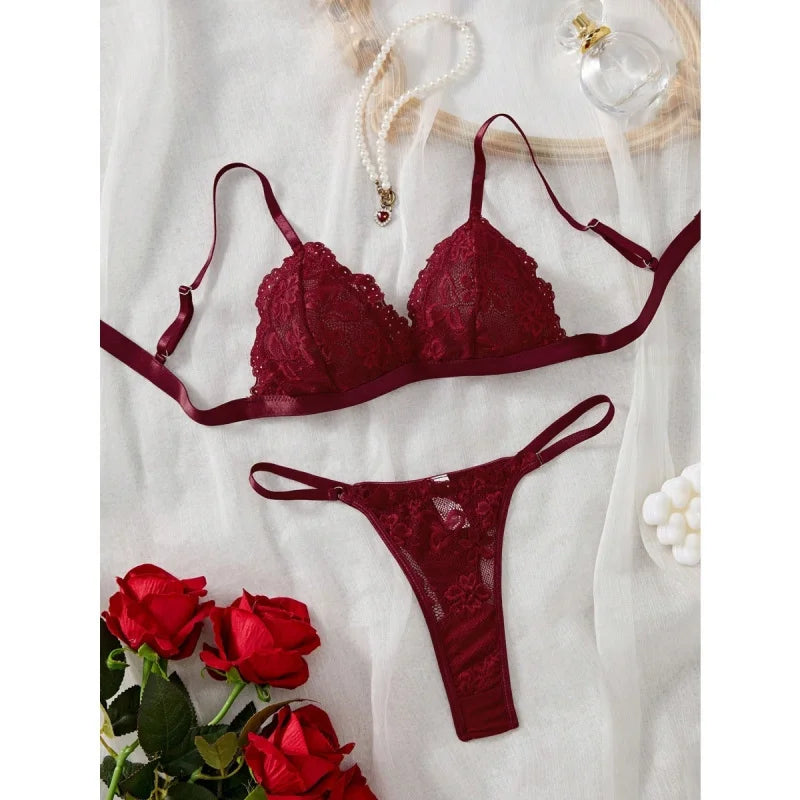 2 Pieces French Wine Red Laces Thin Breathable Wireless Thong