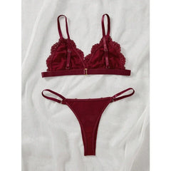 2 Pieces French Wine Red Laces Thin Breathable Wireless Thong