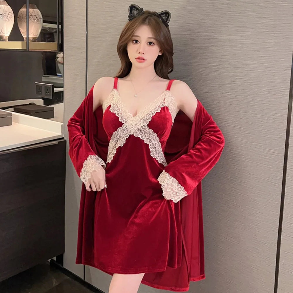 2 Pieces Gold Velvet With Chest Pads Nightrobe Wearable Outside Sling