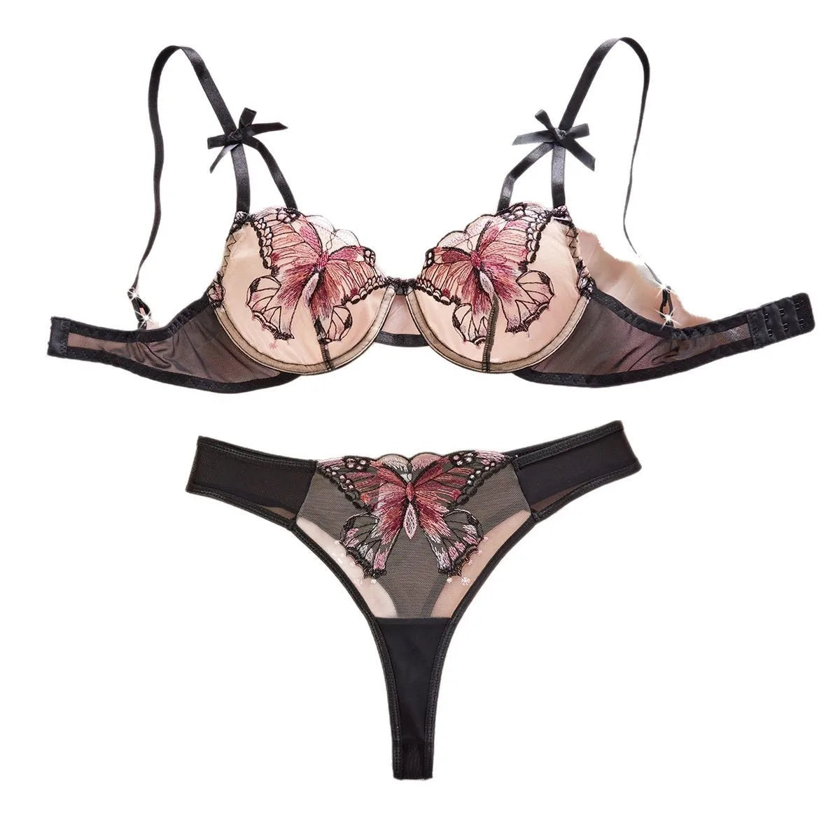 2 Pieces Sale Mesh Butterfly Embroidery Pure See Through Bras Erotic Seductive Underwearss Lingerie Set