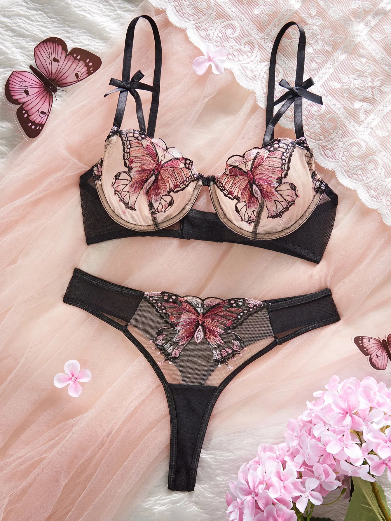 2 Pieces Sale Mesh Butterfly Embroidery Pure See Through Bras Erotic Seductive Underwearss Lingerie Set