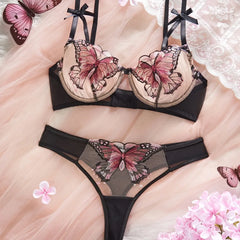 2 Pieces Sale Mesh Butterfly Embroidery Pure See Through Bras Erotic Seductive Underwearss Lingerie Set