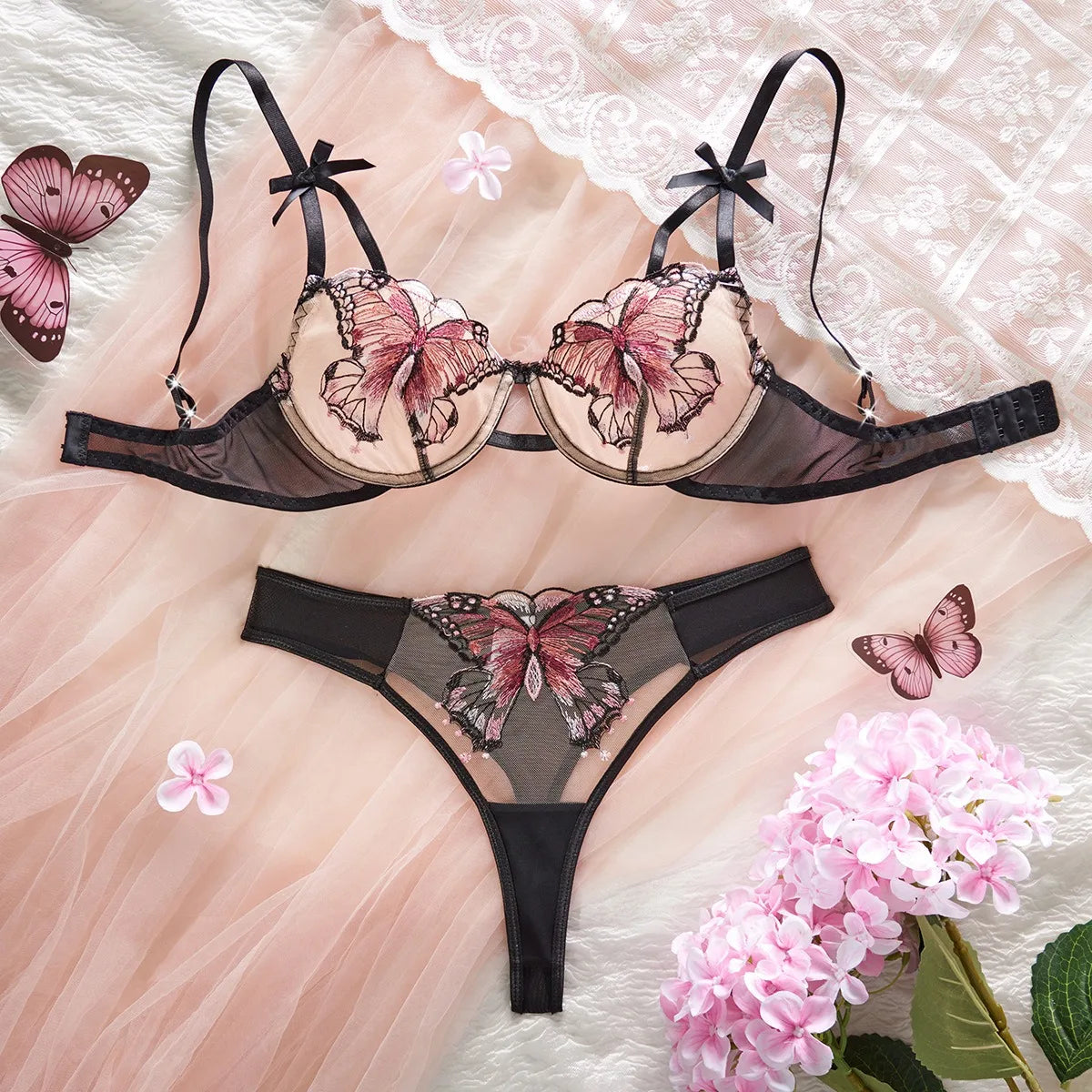 2 Pieces Sale Mesh Butterfly Embroidery Pure See Through Bras Erotic Seductive Underwearss Lingerie Set