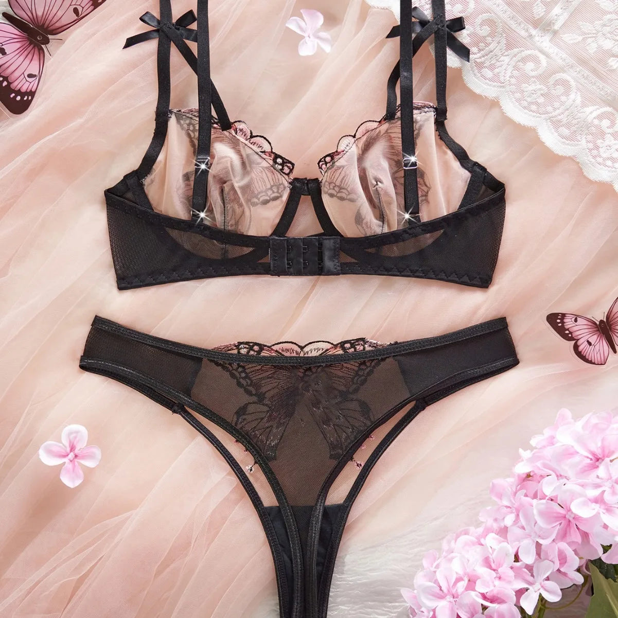 2 Pieces Sale Mesh Butterfly Embroidery Pure See Through Bras Erotic Seductive Underwearss Lingerie Set