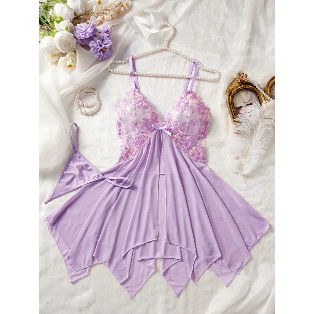2 Pieces Light Purple Sling Mesh See Through Lace Trim