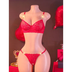 2 Pieces Set Red Lace Metal Chain Shoulder Strap