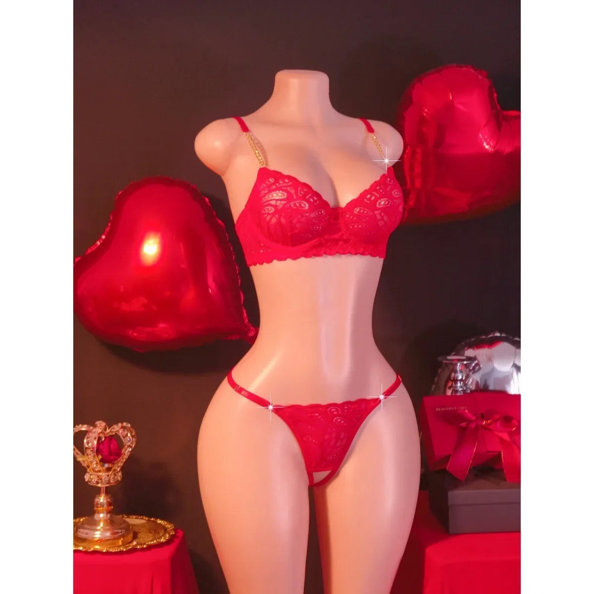 2 Pieces Set Red Lace Metal Chain Shoulder Strap
