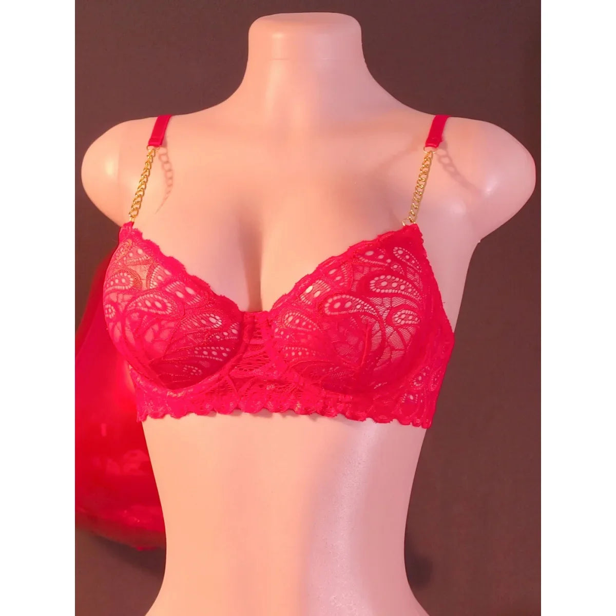 2 Pieces Set Red Lace Metal Chain Shoulder Strap