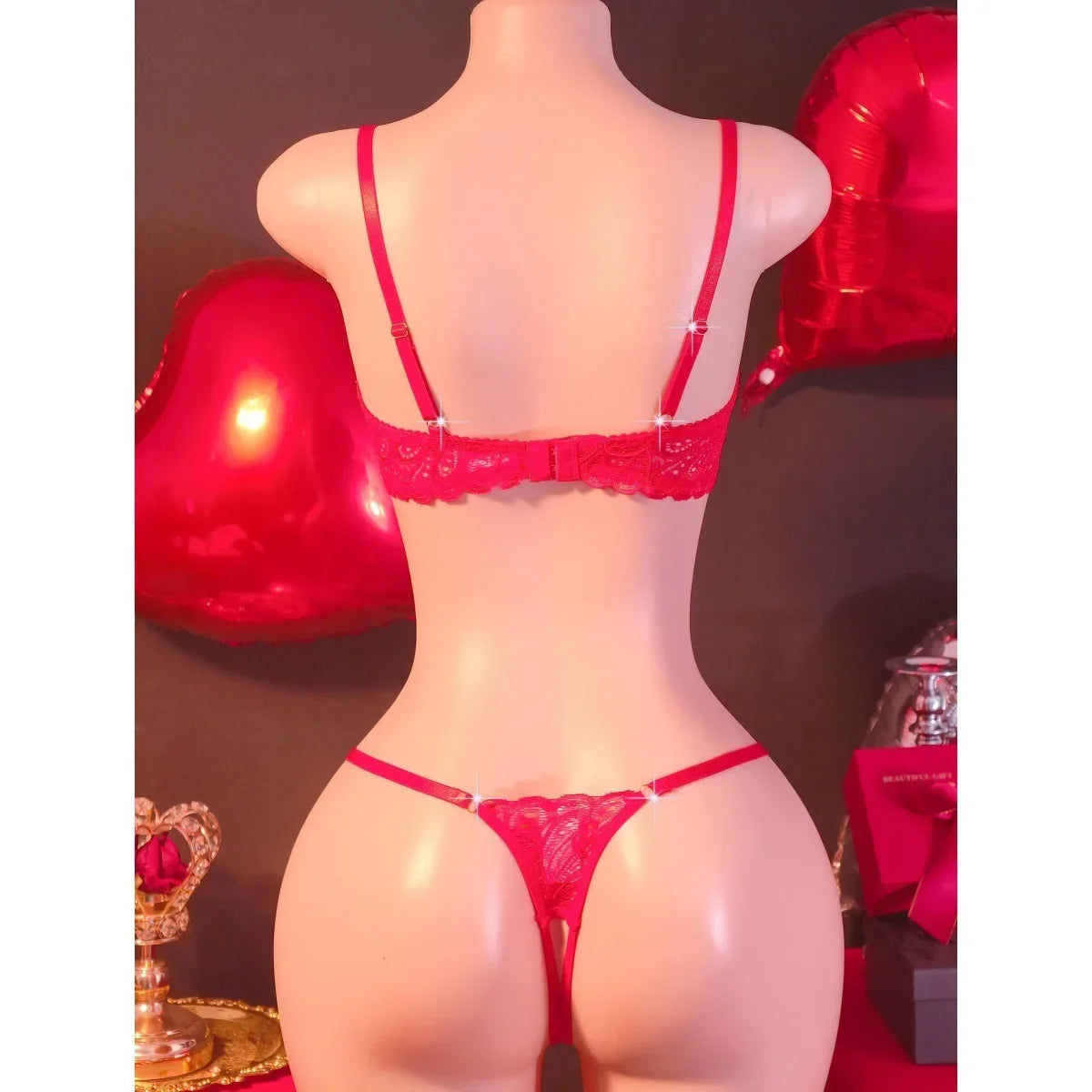 2 Pieces Set Red Lace Metal Chain Shoulder Strap