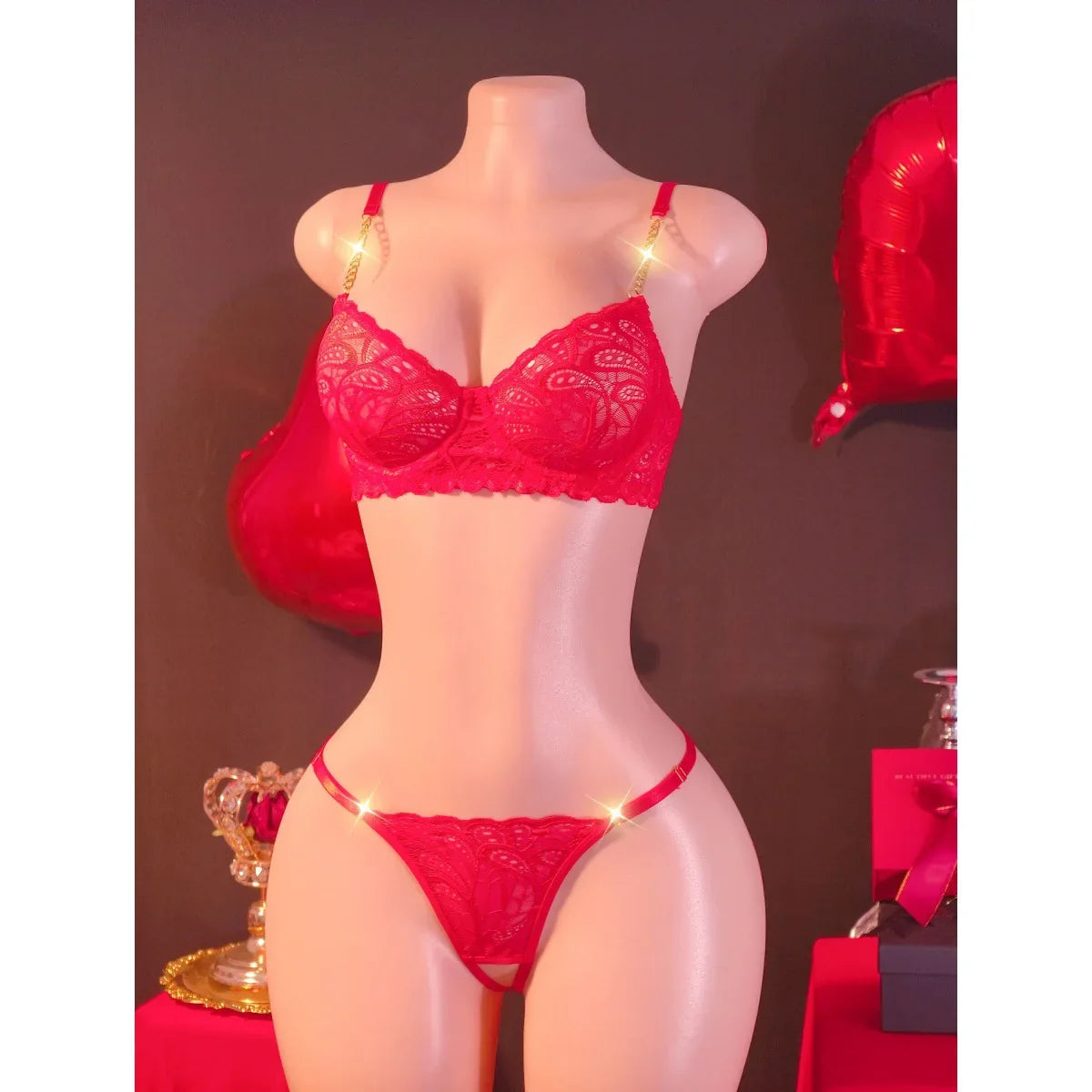 2 Pieces Set Red Lace Metal Chain Shoulder Strap
