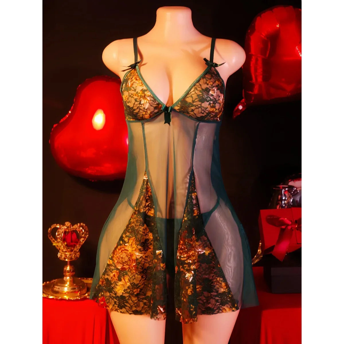 2 Pieces Set Wine Red Mesh Strap Gold Lace Embroidery