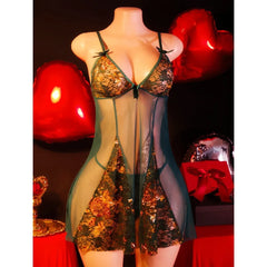 2 Pieces Set Wine Red Mesh Strap Gold Lace Embroidery