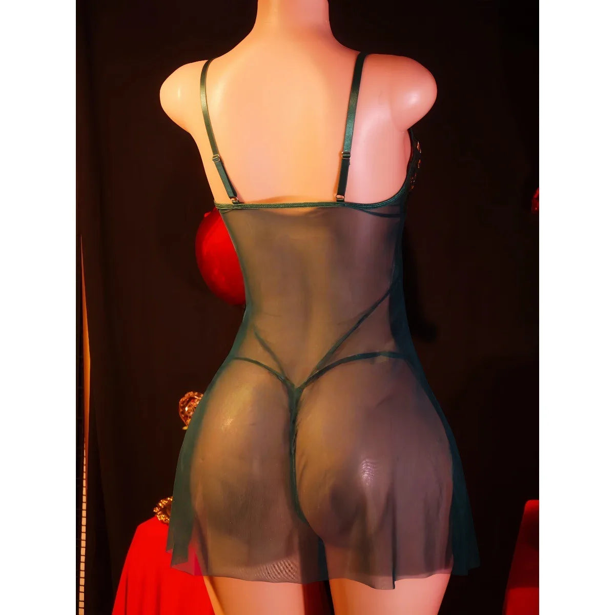2 Pieces Set Wine Red Mesh Strap Gold Lace Embroidery