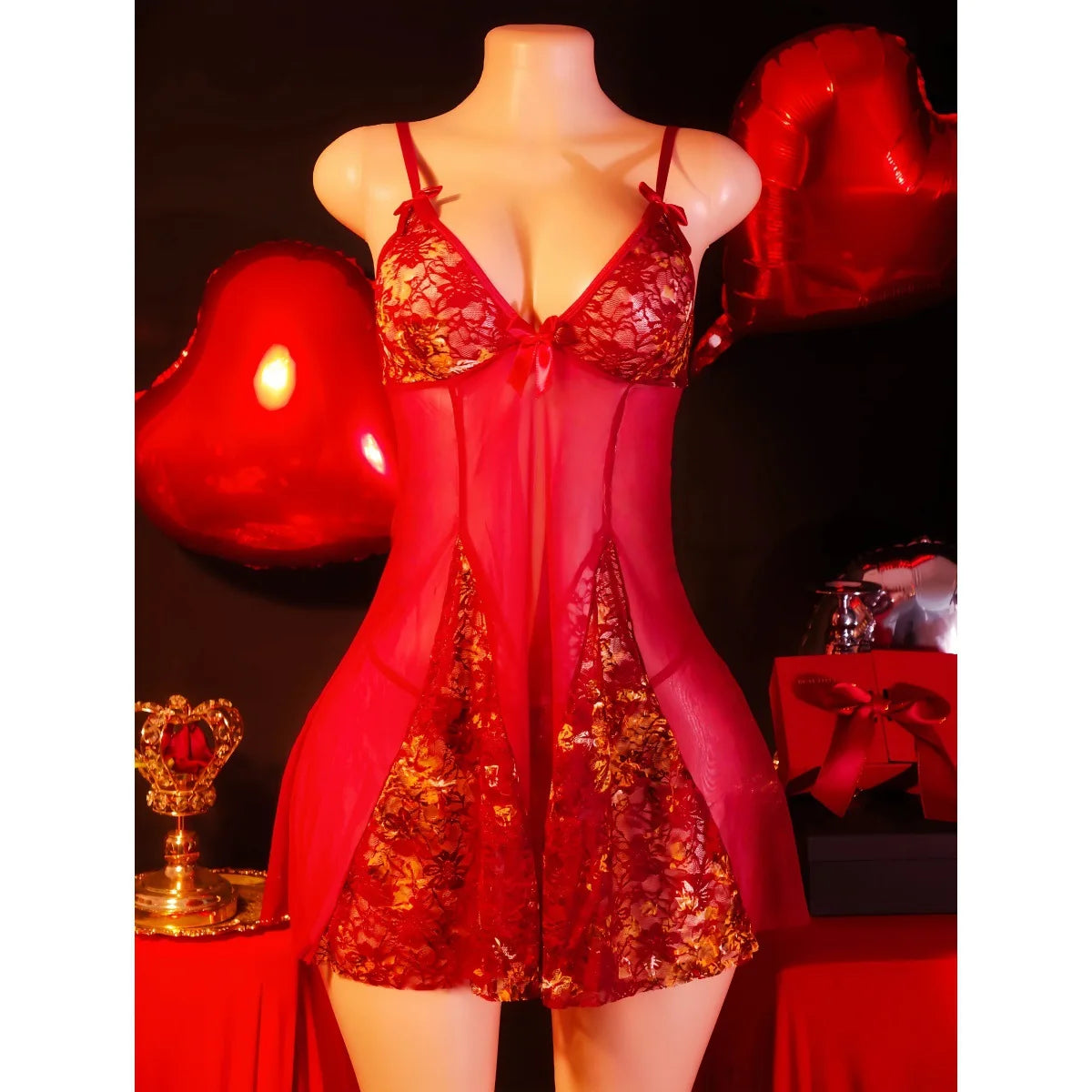 2 Pieces Set Wine Red Mesh Strap Gold Lace Embroidery