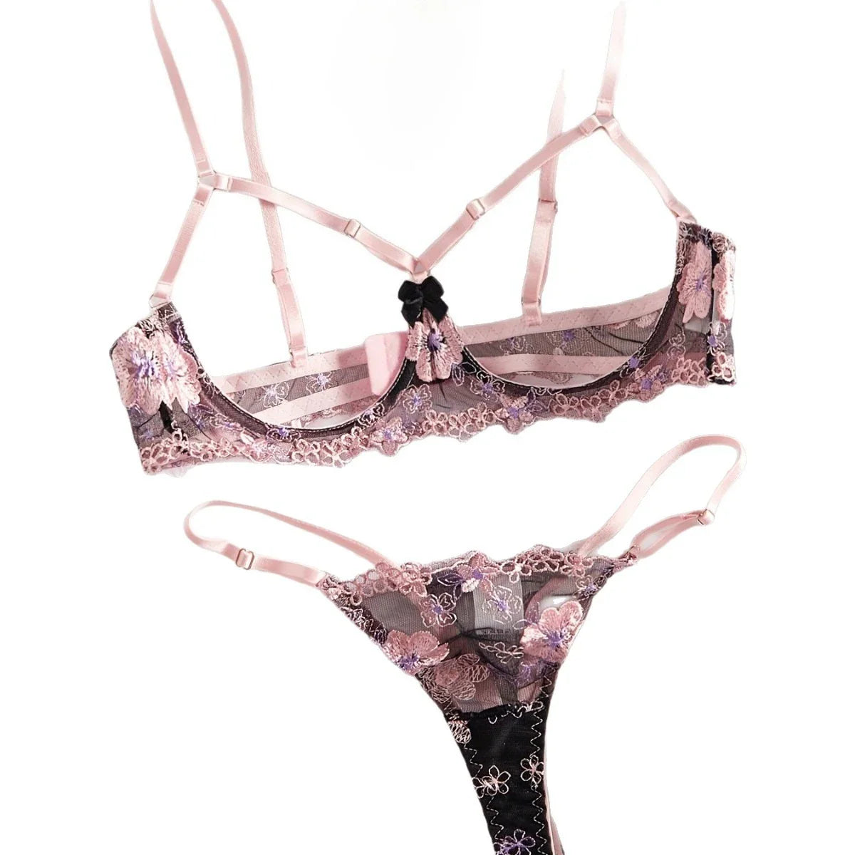 2 Pieces French Floral Embroidery Hollow Out Bra