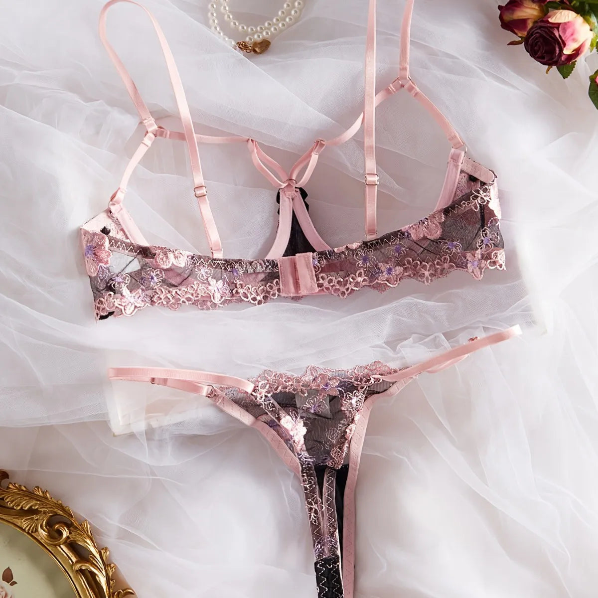 2 Pieces French Floral Embroidery Hollow Out Bra