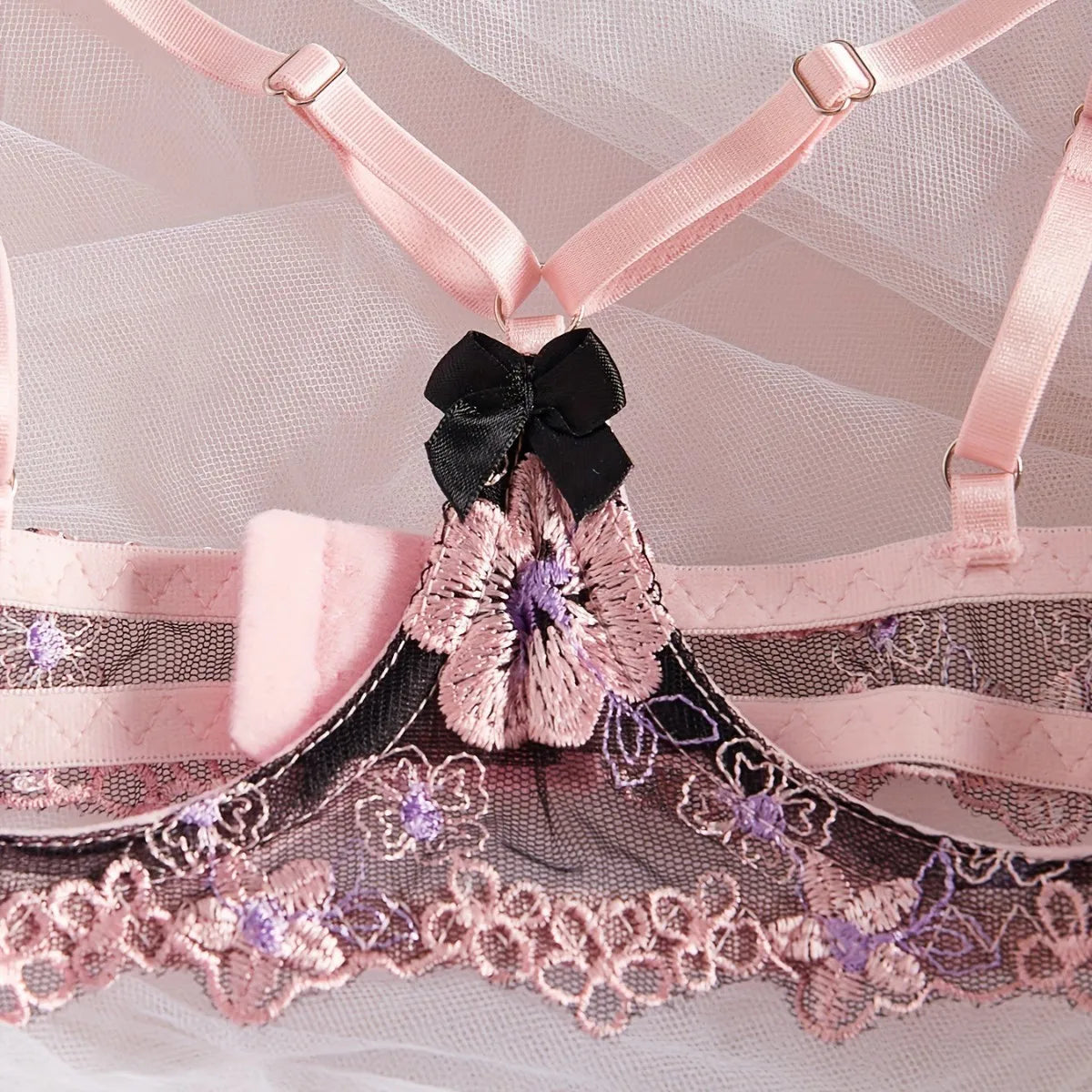 2 Pieces French Floral Embroidery Hollow Out Bra