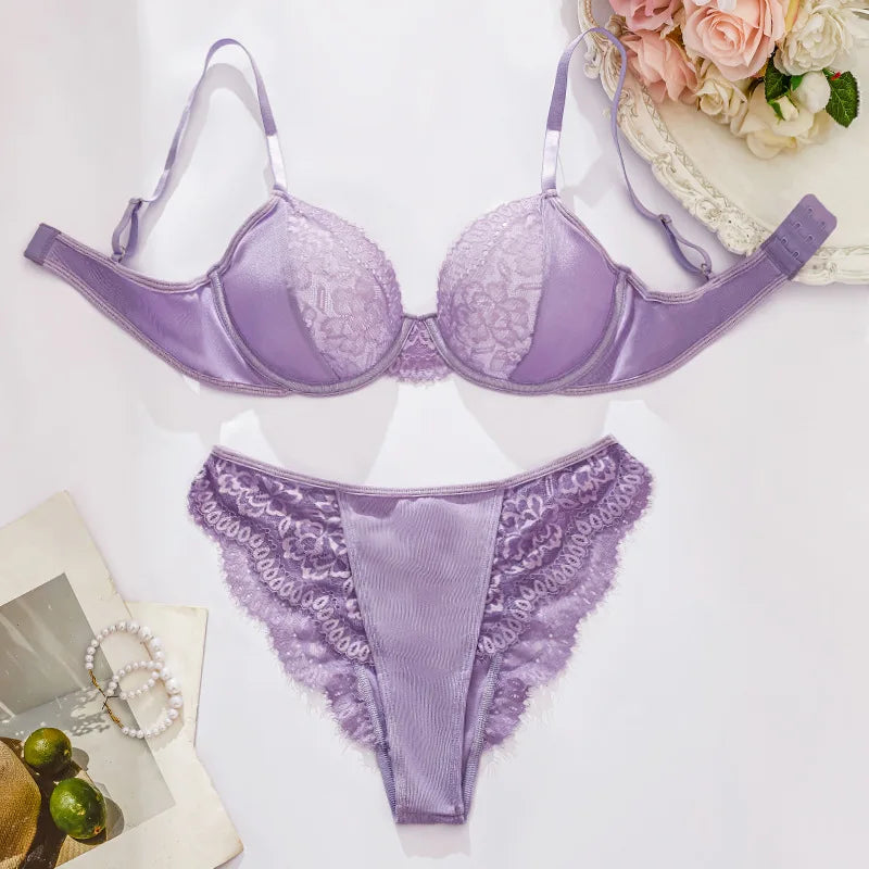 2 Pieces Lace Hollow Out Sheer See Through Push Up Bra Shorts Pants Summer Black Color Erotic Lingerie Outfit Set