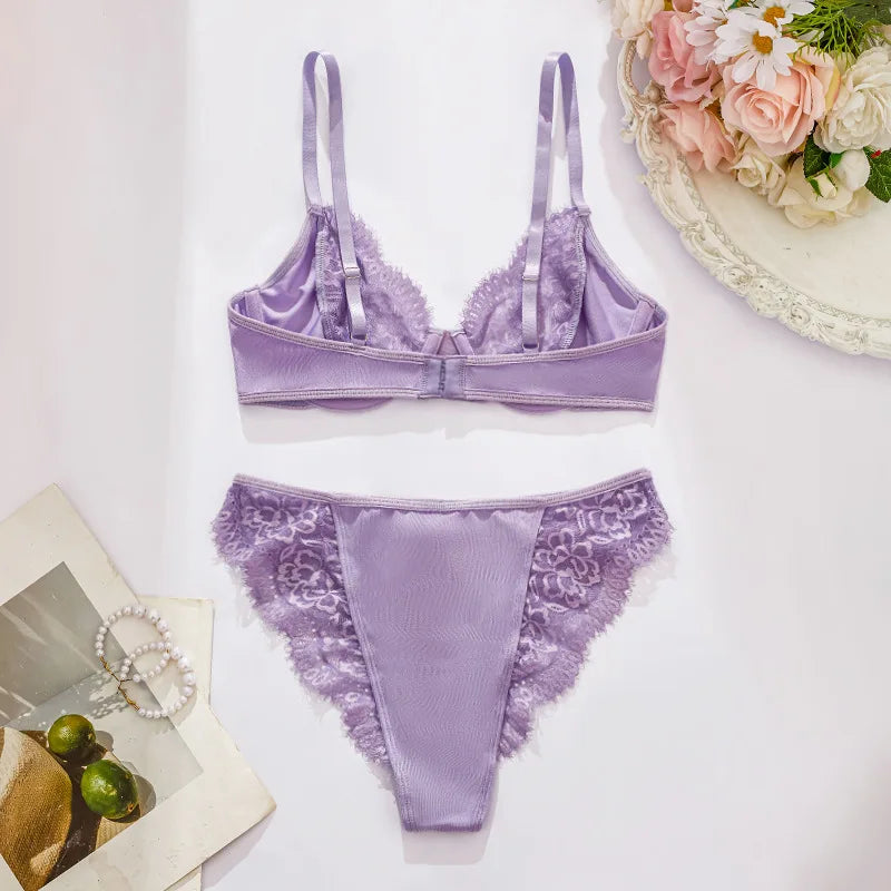 2 Pieces Lace Hollow Out Sheer See Through Push Up Bra Shorts Pants Summer Black Color Erotic Lingerie Outfit Set