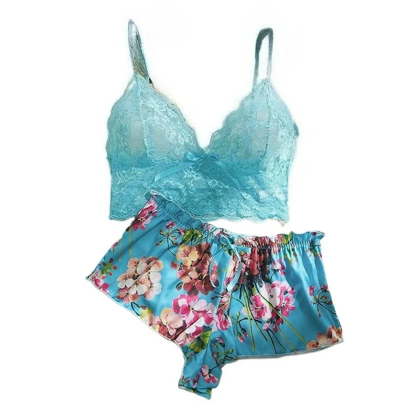2 Pieces Lace Strappy Camisole Bra Shorts Pants Summer Nightwear Undershirt Knickers Boxer Lingerie Outfit Set