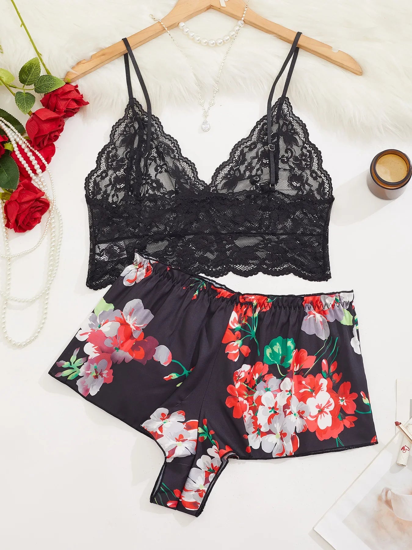 2 Pieces Lace Strappy Camisole Bra Shorts Pants Summer Nightwear Undershirt Knickers Boxer Lingerie Outfit Set