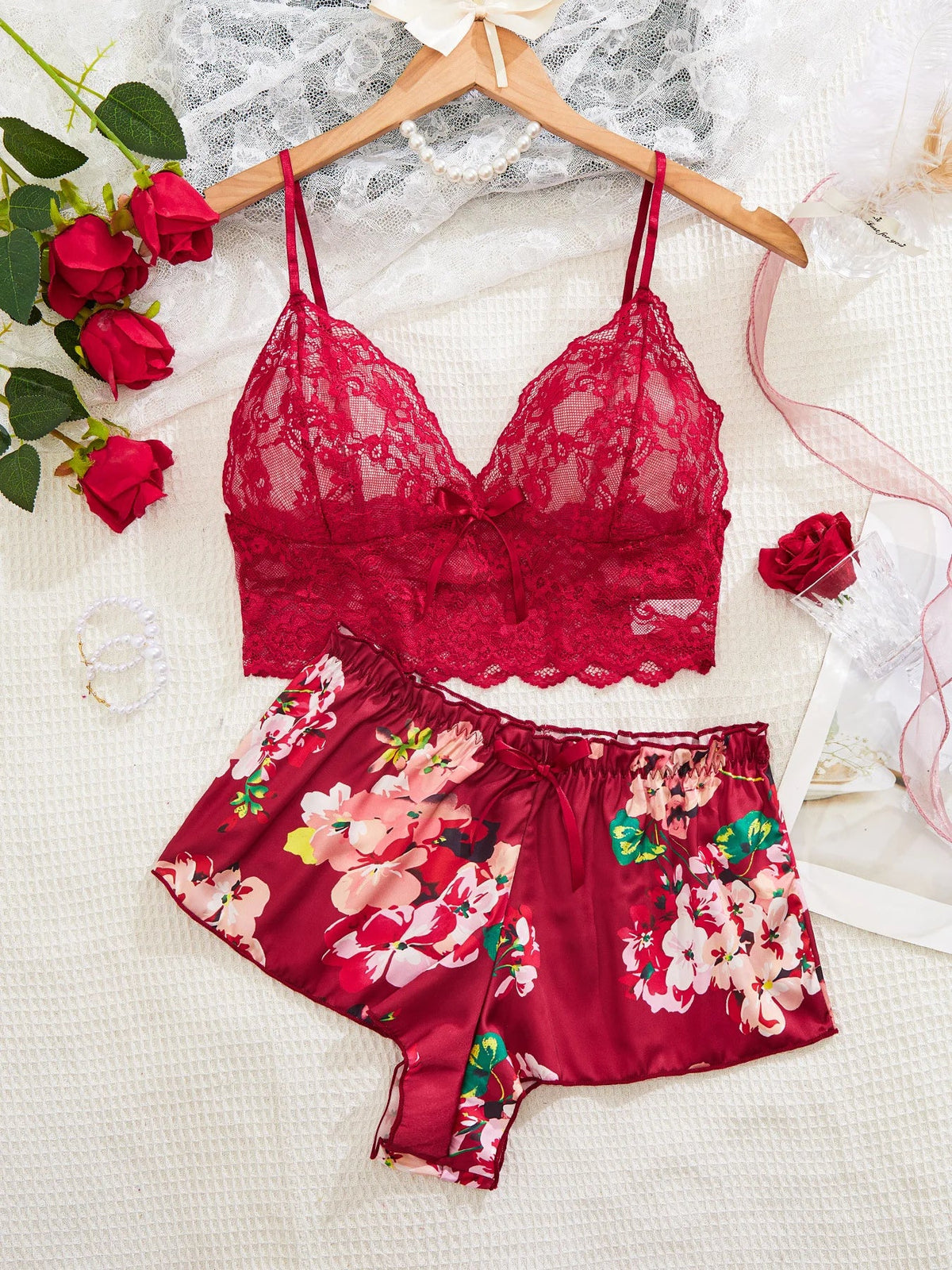 2 Pieces Lace Strappy Camisole Bra Shorts Pants Summer Nightwear Undershirt Knickers Boxer Lingerie Outfit Set
