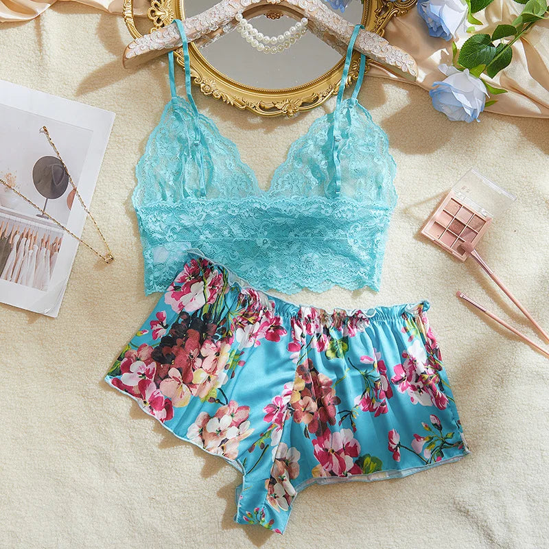 2 Pieces Lace Strappy Camisole Bra Shorts Pants Summer Nightwear Undershirt Knickers Boxer Lingerie Outfit Set