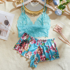 2 Pieces Lace Strappy Camisole Bra Shorts Pants Summer Nightwear Undershirt Knickers Boxer Lingerie Outfit Set