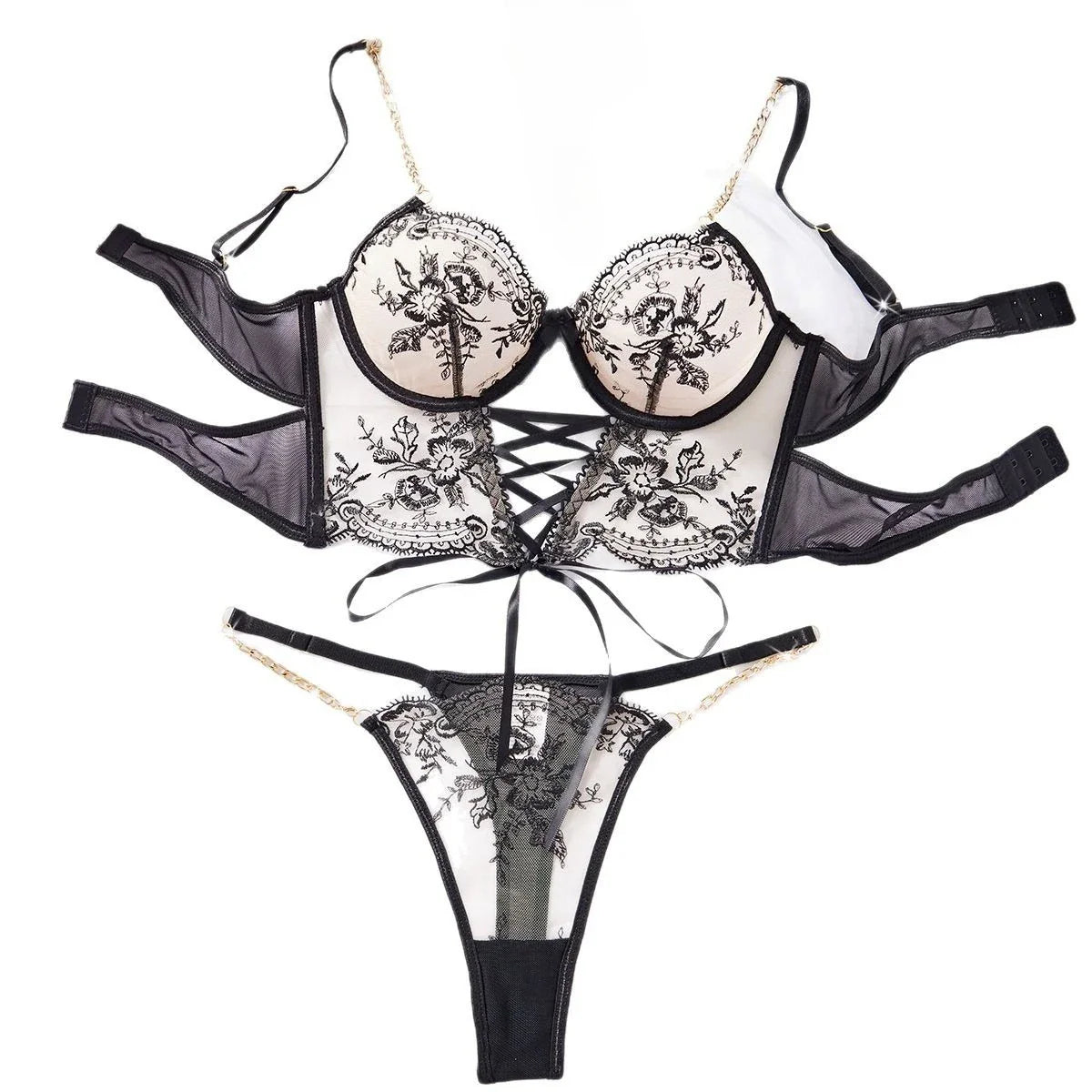 2 Pieces Western Chain Flower Embroidery Bra Cross Straps Designs Erotic Seductive Underwears Clothing Lingerie Set