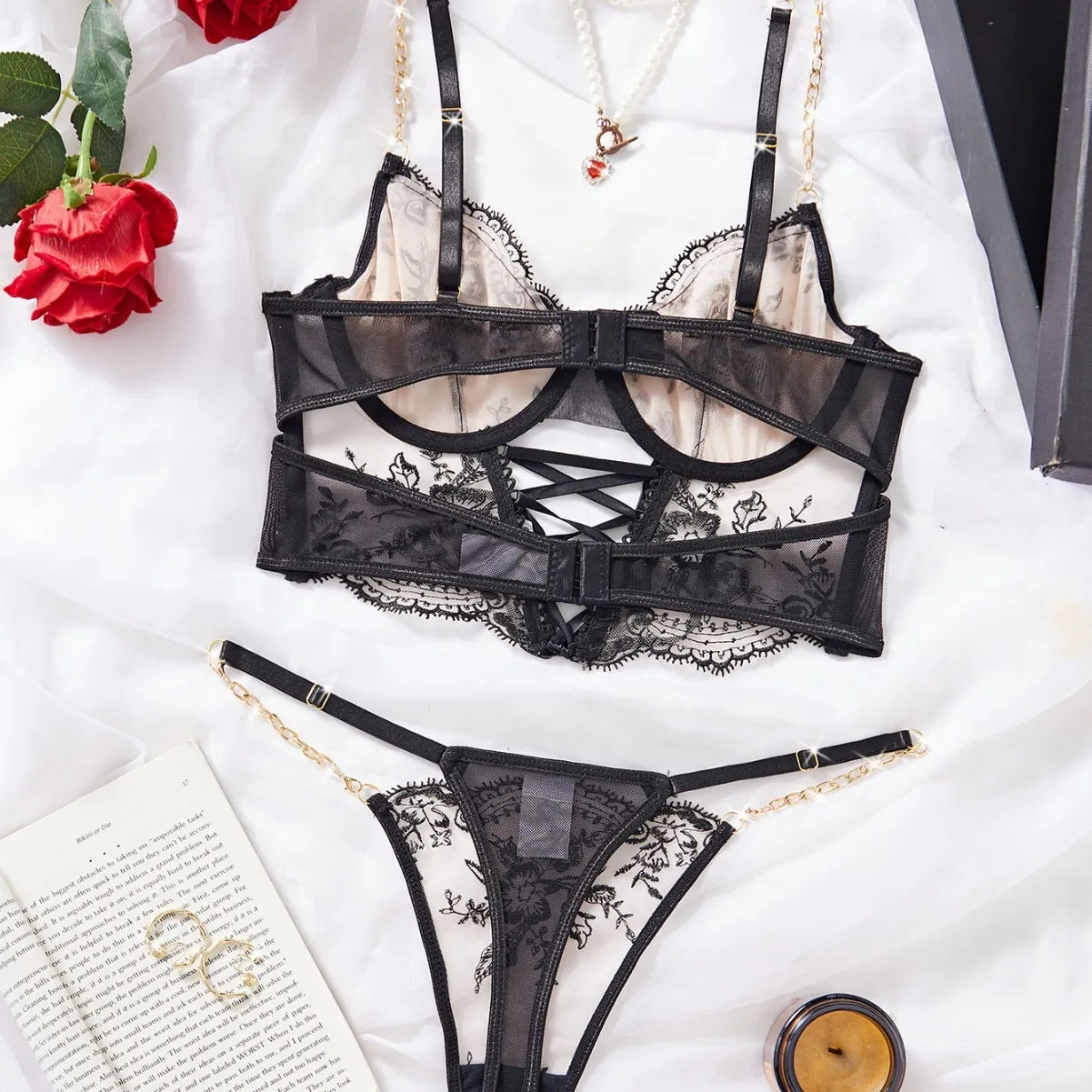 2 Pieces Western Chain Flower Embroidery Bra Cross Straps Designs Erotic Seductive Underwears Clothing Lingerie Set